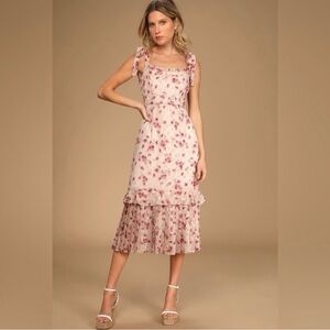 Lulu's Pink and Nude Floral Midi Dress size Small